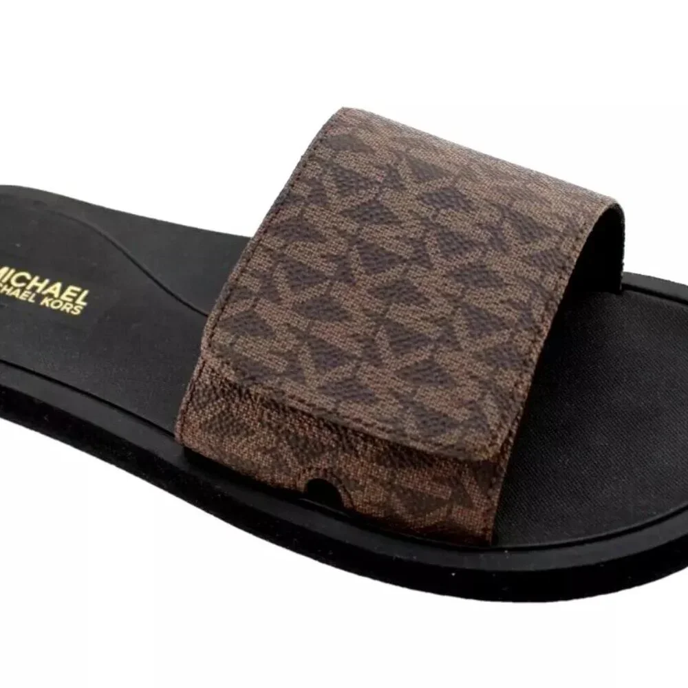 Michael Kors Wade Adjustable Slide Sandal Brown Logo Canvas NEW Sz 8 - Picture 2 of 8